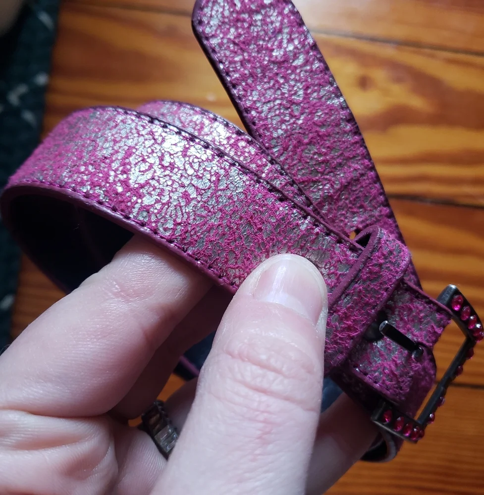 Kids Girls 5 5T Fushia Pink Silver Metallic Shimmer Belt with Studded Buckle
